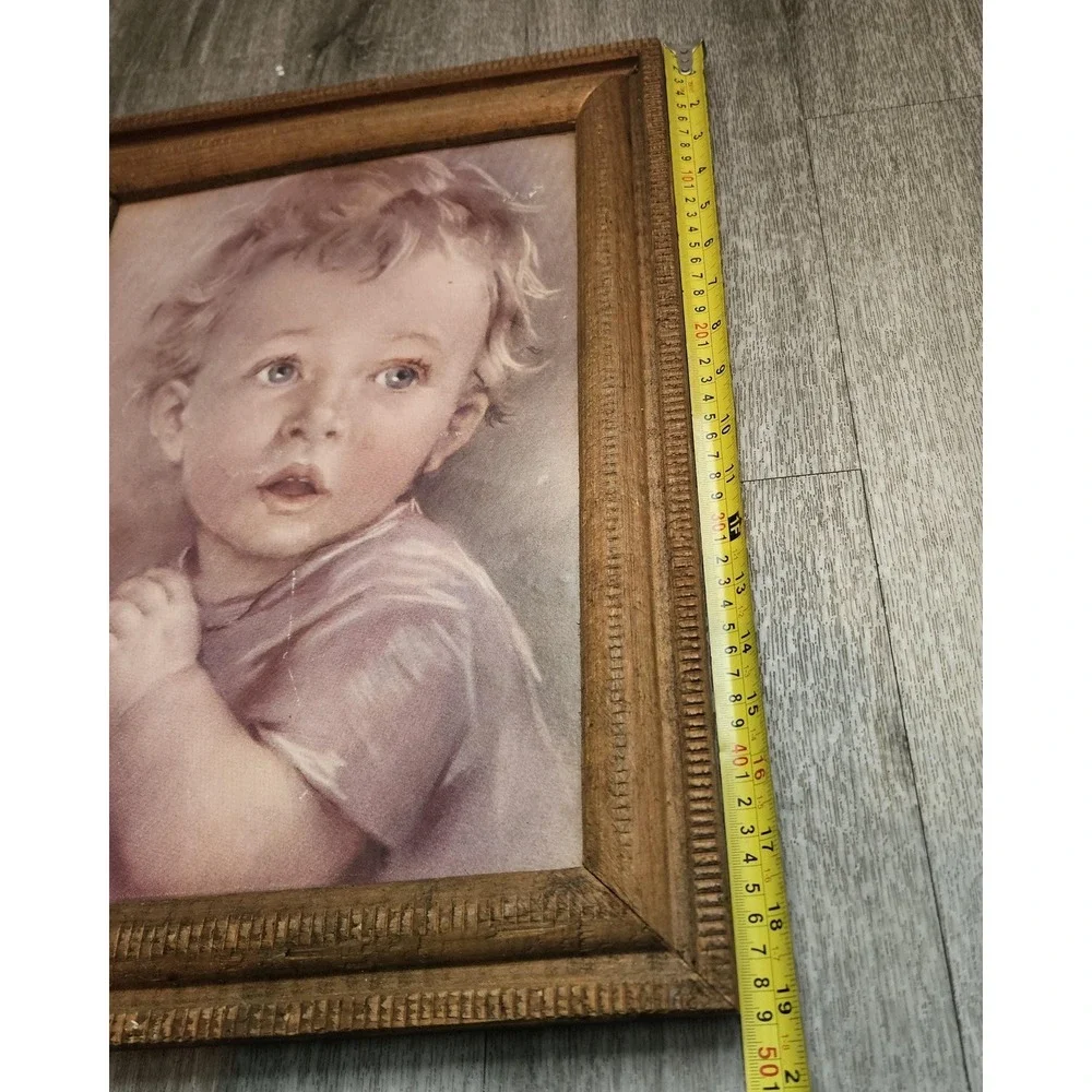 VTG Catholic framed print child praying‎ wooden board 19x14 Wood Picture Frame